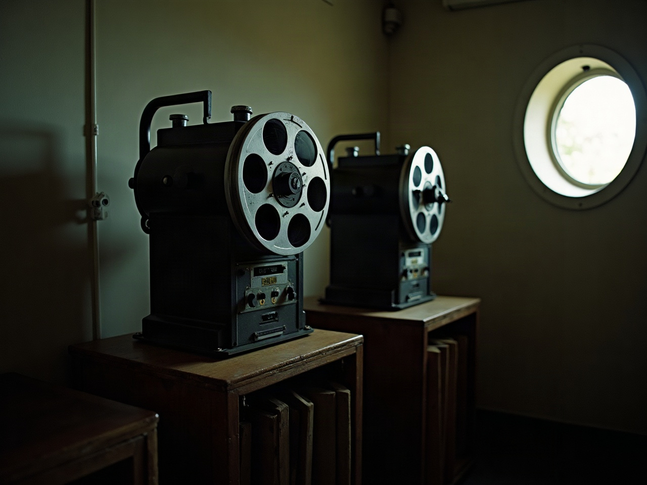 Twin 35mm projectors standing idle in a small projection room, porthole window behind