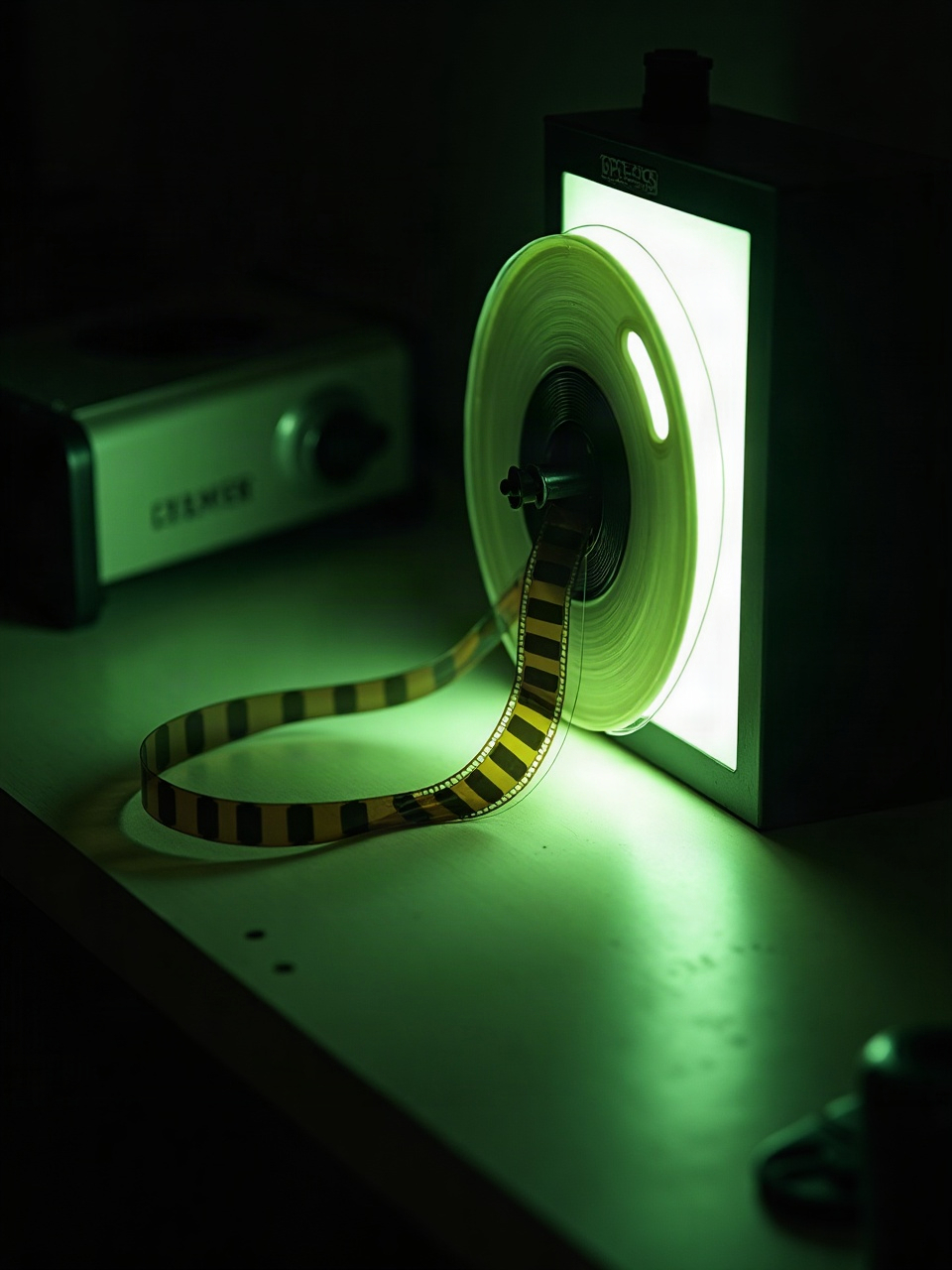 A loop of 35mm film across a lightbox on an inspection bench, rewind crank at the edge of frame