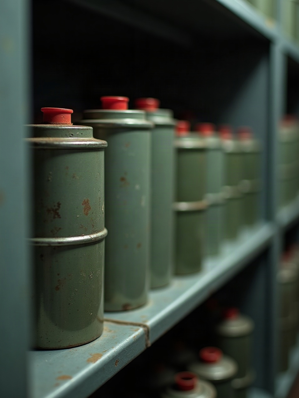 Round film canisters stacked edge-on on a steel shelf