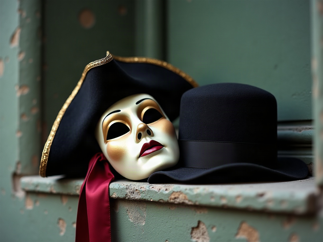 A Venetian carnival mask and a black tricorn hat side by side on a weathered stone ledge.