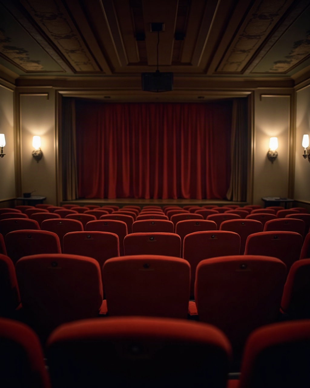 Empty single-screen cinema auditorium with worn red velvet seats, house lights half up