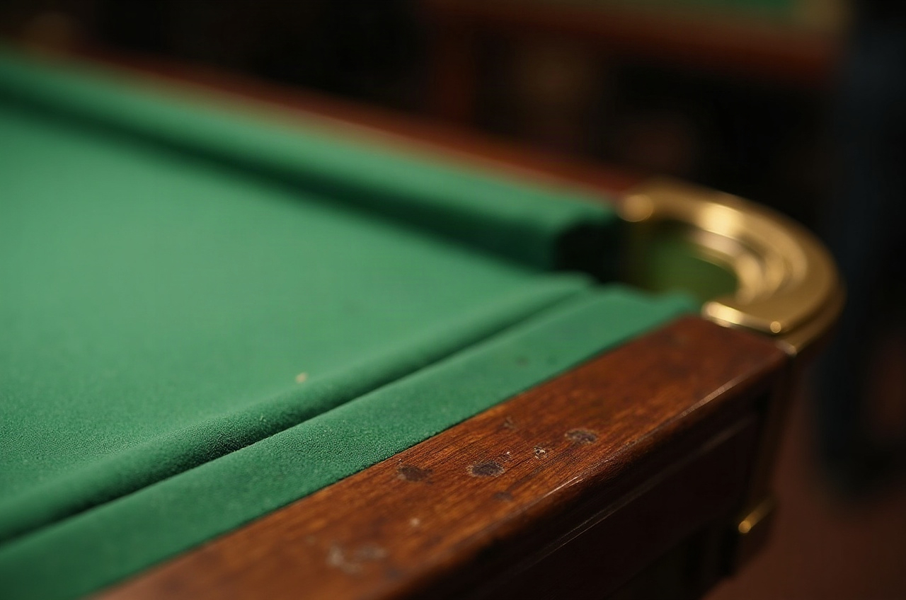 Green baize table surface in close-up, brass edge trim catching a hard flash